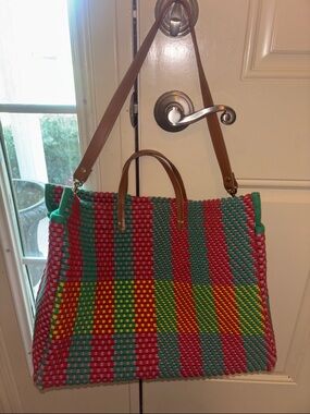 Clare V Handwoven Multicolor Tote Bag with Brown Leather Straps